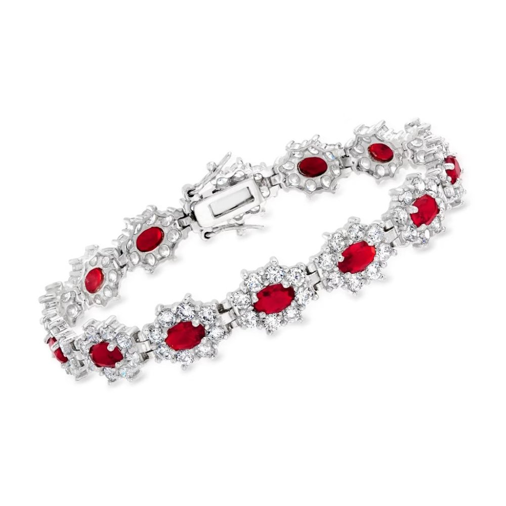 Ross-Simons, simulated ruby & CZ flower bracelet set in sterling silver